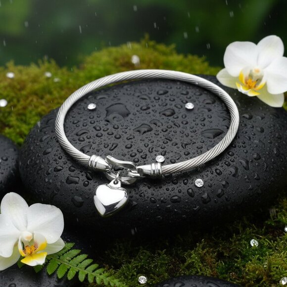 🆕️Cable Bangle Bracelet with Heart Charm 18K White Gold Plated Stainless Steel - Picture 9 of 9